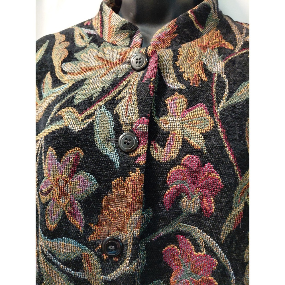 Women's Vintage PORTRAIT Tweed  Black Floral Tapestry Jacket Boho Art To Wear L - Picture 2 of 9